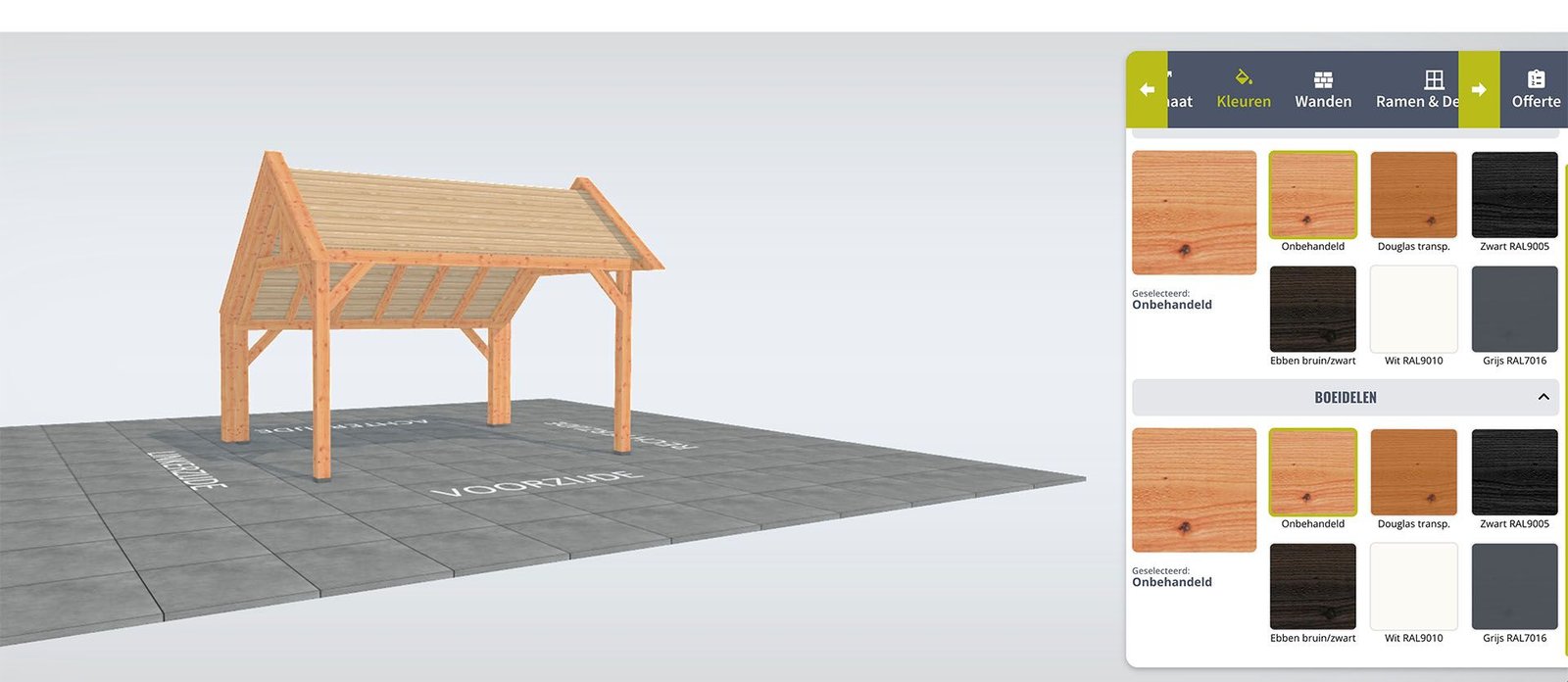 3D configurator tuinhuis-Kies de kleuren en afwerking